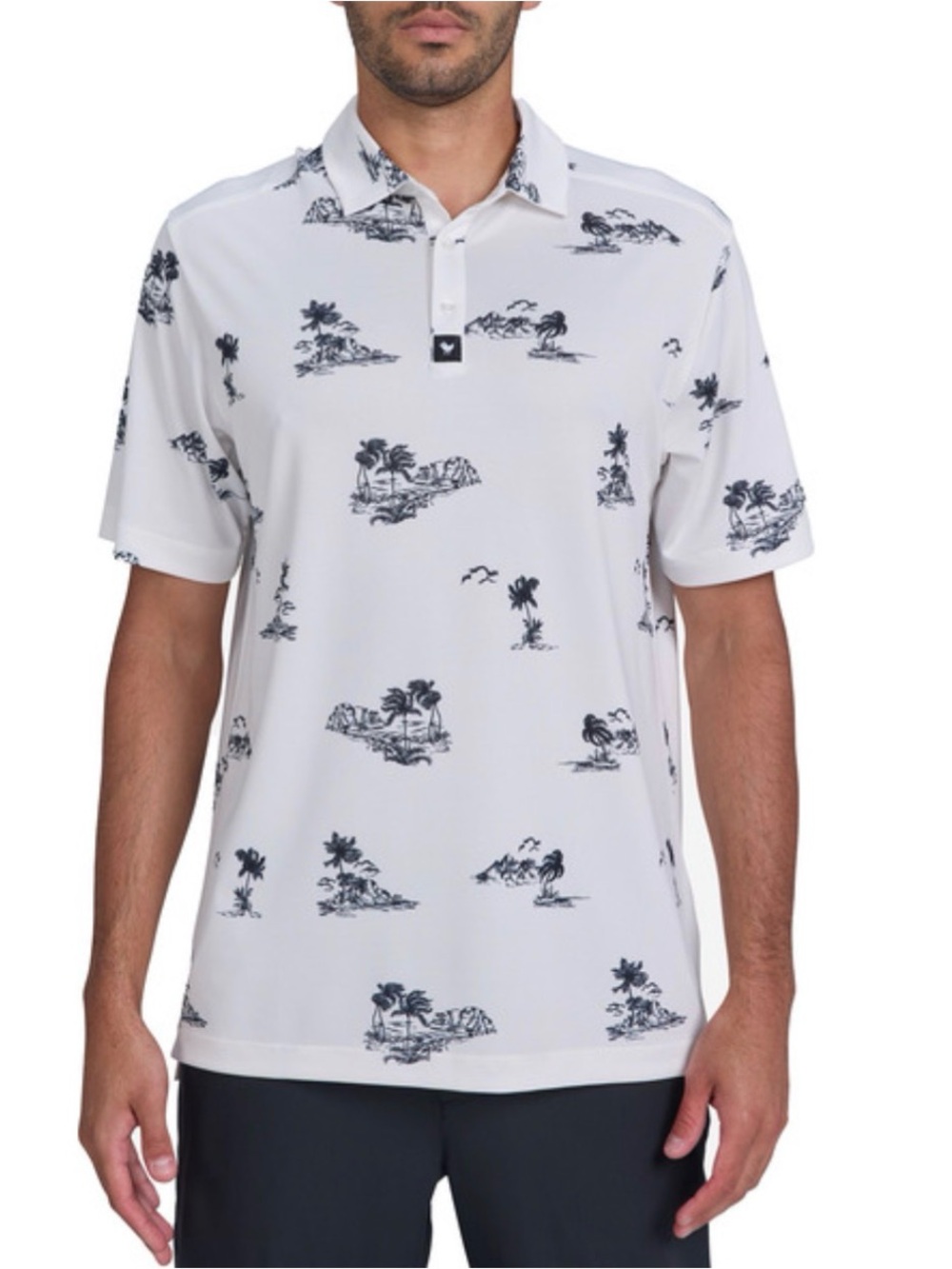 Bad Birdie Beachy Piqué Golf Polo White Navy Island Print Short Sleeve Size L